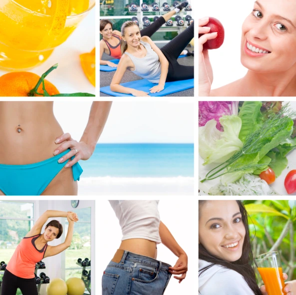 Weight Management Programs A collage of images showing various aspects of a weight management program, including healthy food and drinks, exercising, a person's toned stomach, and a woman happy with her weight loss progress
