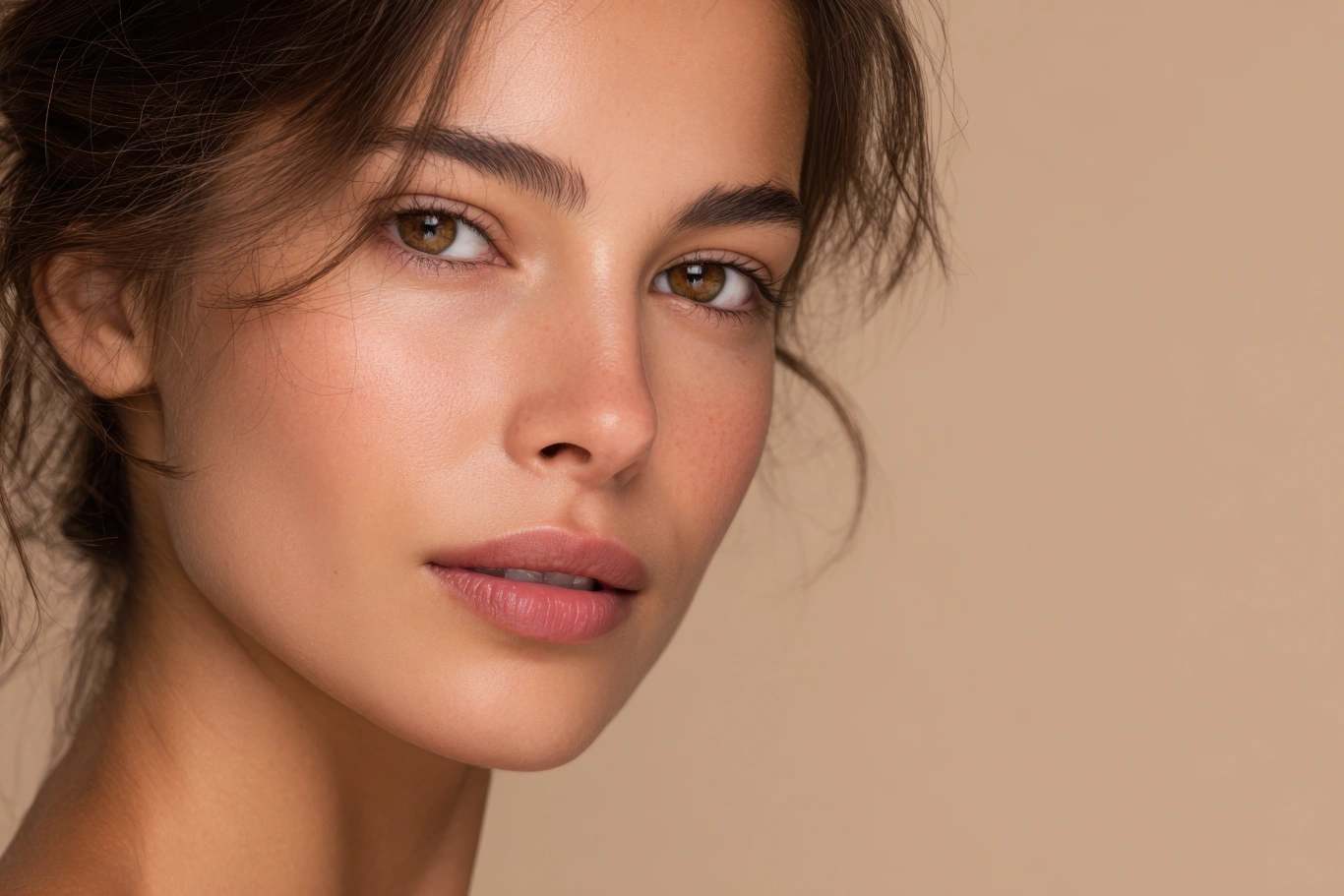 woman in calm confident expression close up portrait of a woman with natural glowing skin